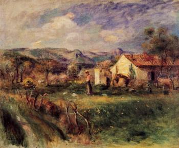 Pierre Auguste Renoir : Young Woman Standing near a Farmhouse in Milly